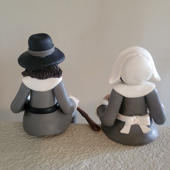 Set 2 D Manning Thanksgiving Shelf Sitter Pilgrims Man Woman Rifle Clay Figures - Picture 2 of 14